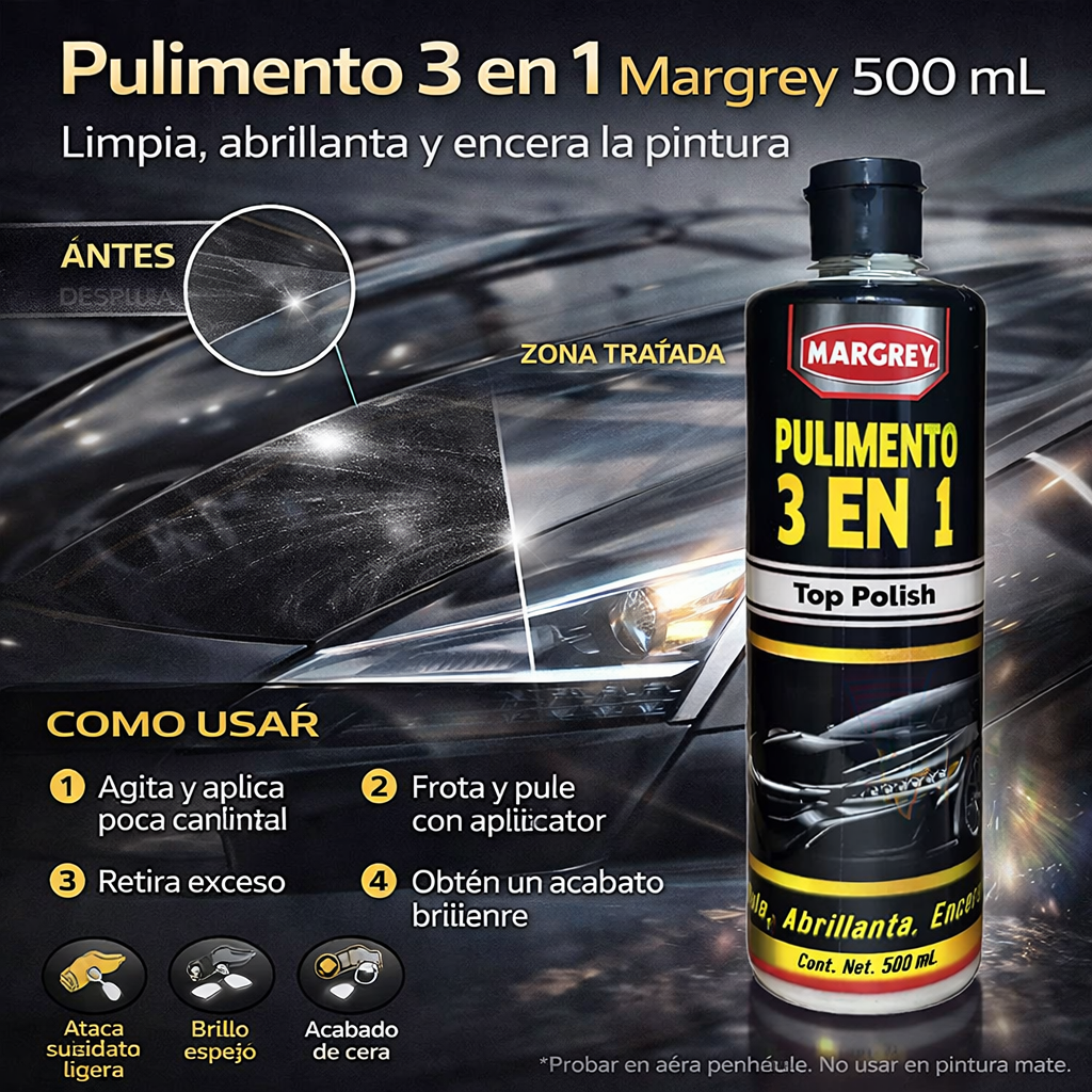 Pulimento 3 en 1 Top Polish Margrey 500 mL para Pintura de Auto