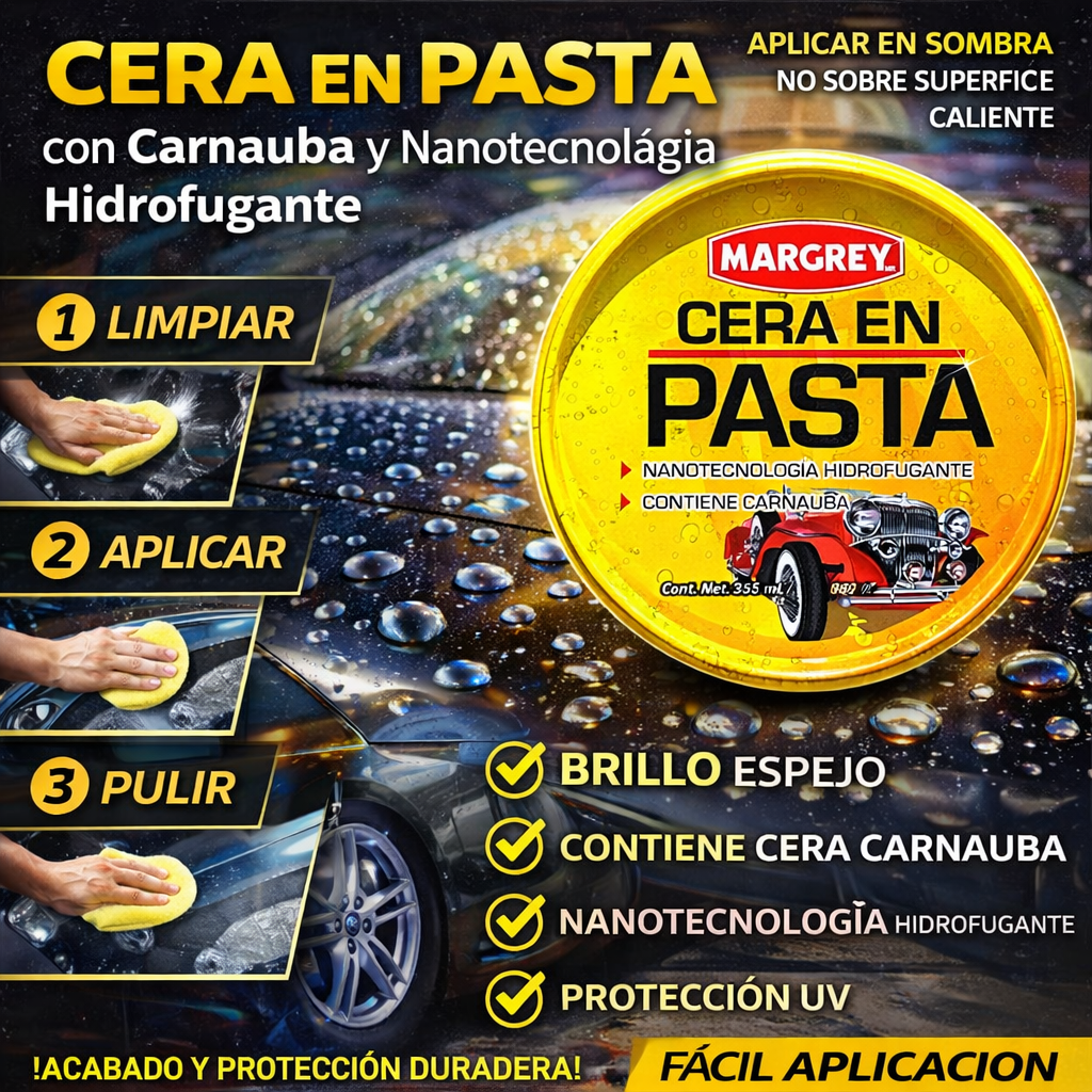 Cera en Pasta Acrilica Margrey 355 mL con Carnauba y Nanotecnología Hidrofugante