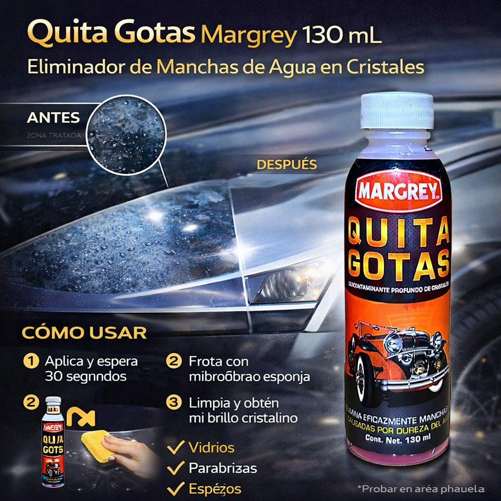Quita Gotas Margrey 130 mL Eliminador de Manchas de Agua en Cristales