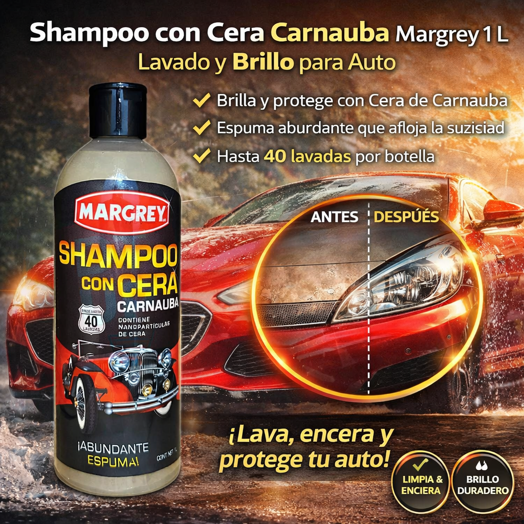 Shampoo con Cera Carnauba Margrey 1 L Lavado y Brillo para Auto